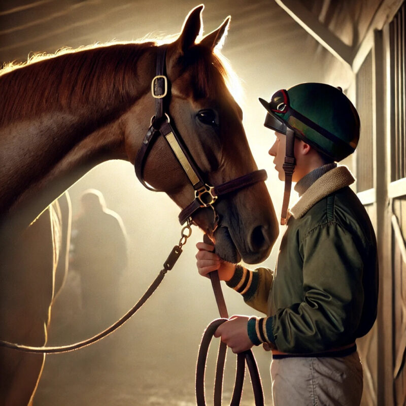 レース前に、ジョッキーが馬に語りかける光景